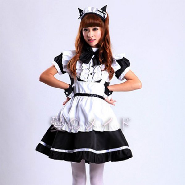 Black and Pink Cute Women Cat Ear Restaurant Maid Uniform Girls Sweet Japanese Lolita Dresses Anime Cosplay Costume