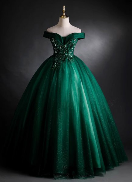Deep Green Embroidery Sequins Off Shoulder Tulle Formal Dress
