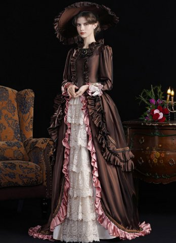 Vintage Women Brown Edwardian 1900s 1910s Tea Party Garden Dress Victorian Bustle Theater Costume