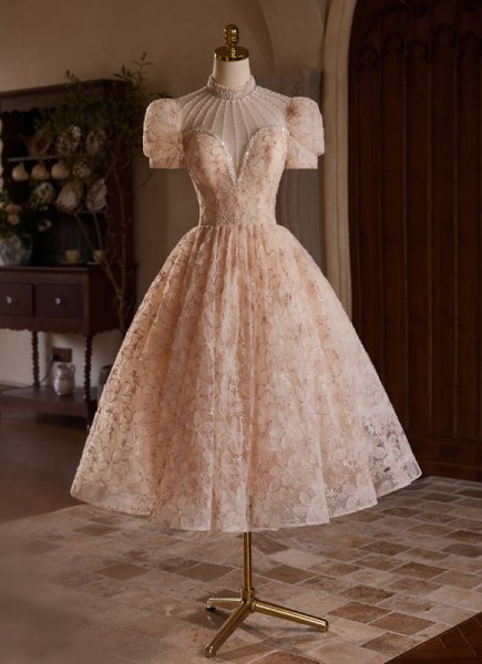 Pink A-line Stand Collar Sexy Tea-Length Tulle Lace Dress