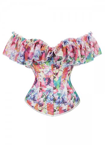 Chiffon Printed Off Shoulder Bustier With Ruffled Neckline