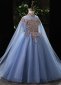 Girls Blue Sequin Cape Sleeve Tulle Beauty Contest Carnival Dresses
