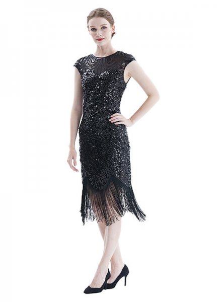 Womens Black Gold Flapper Dress Sequins 1920s Retro Cocktail Dress