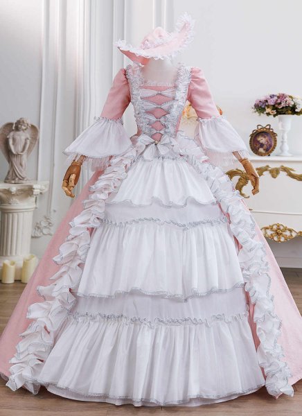 Vintage Pink Brocade 18th Century Rococo Marie Antoinette Dress Lace Ruffles Corset Floor Length Historical Masquerade Gown
