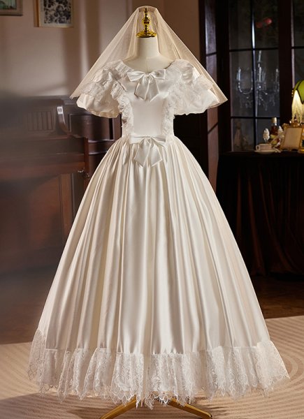 1950s Vintage Girls White Satin Lace Party Dress