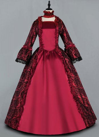 Wine Red Floral Brocade Victorian Vampire Dress Masquerade Ball Themed Christmas/Halloween Party Halloween Costume