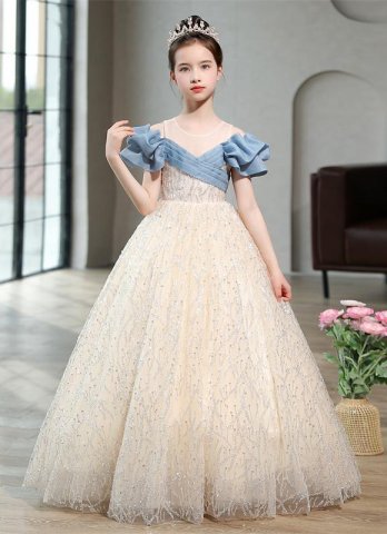 Girls Champagne Sequin Birthday Christmas Party Dresses 3-12 Years