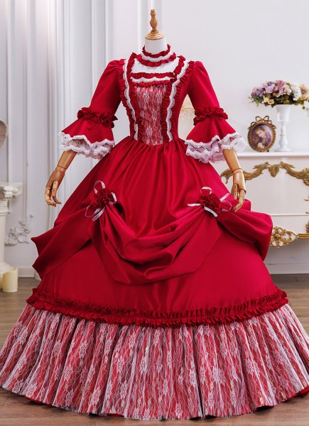Elegant Renaissance Vintage Red Flower Masked Ball Gown Historical Wedding Prom Dresses Lace Half Sleeves Square Neckline Floor Length Long Formal Dress