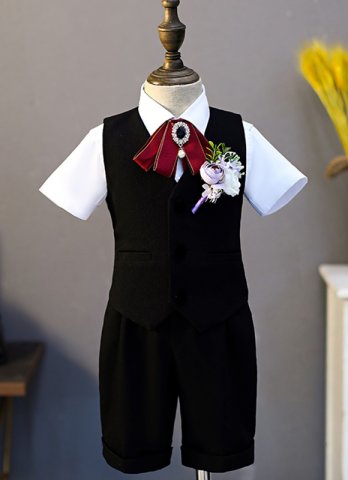 Boys 4-pcs Black Suit Wedding Ring Bearer Baptism Christening Formal Party Outfit Waistcoat Set