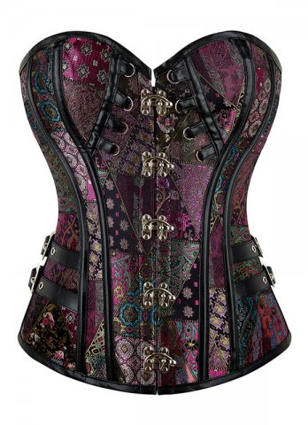 Colourful Brocade Overbust Corset with PVC Trims