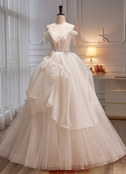 Ivory Tulle Satin Lace Spaghetti Straps Corset Wedding Dress