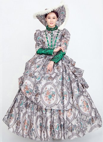 하이 엔드 그레이 플로랄 빈티지 코트 파티 드레스 역사적 시대 재연 극장 의상