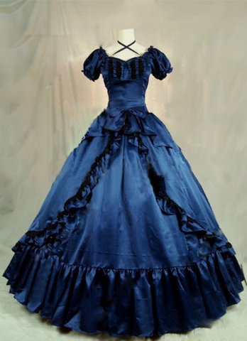 다크 블루 반팔 빈티지 르네상스 고딕 빅토리아 드레스 가운