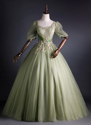Ball Gown Princess Short Sleeves Floor-Length Tulle Elegant Dress With Sequin Appliques