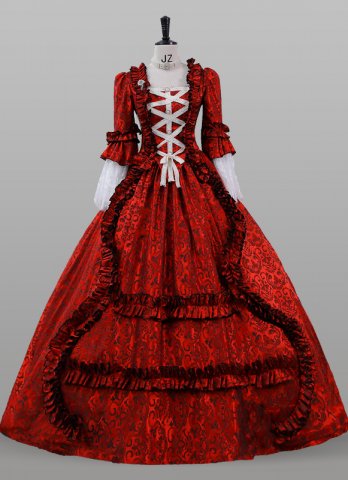 Wine Red Jacquard Floral Renaissance Fair Marie Antoinette Lady Colonial Princess Floral Ball Gown Dress Theater Clothing