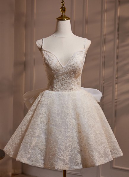 White Spaghetti Straps Backless Formal Embroidery Prom Mini Dress