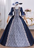Renaissance Vintage Navy Blue Masked Prom Dresses Ball Gown Lace Half Sleeves Square Neckline Floor Length Long Formal Dress