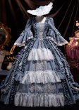 Graceful Retro Renaissance Blue Floral Jacquard Prom Ball Dress Appliques Lace Half Sleeve Long Formal Dress