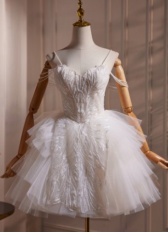 White Spaghetti Straps Sexy Sparkly Beading Tulle Mini Cocktail Dress