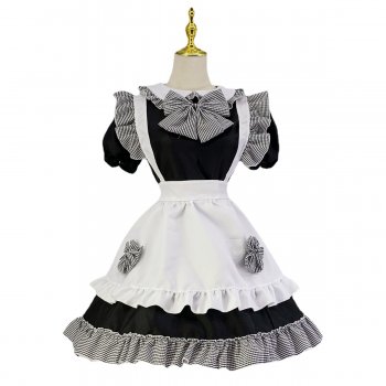 New 4 Pieces Japanese Animal Cosplay Costume Women Black and White Plaid Bow Kawaii Maid Lolita Dress Uniform for Girl