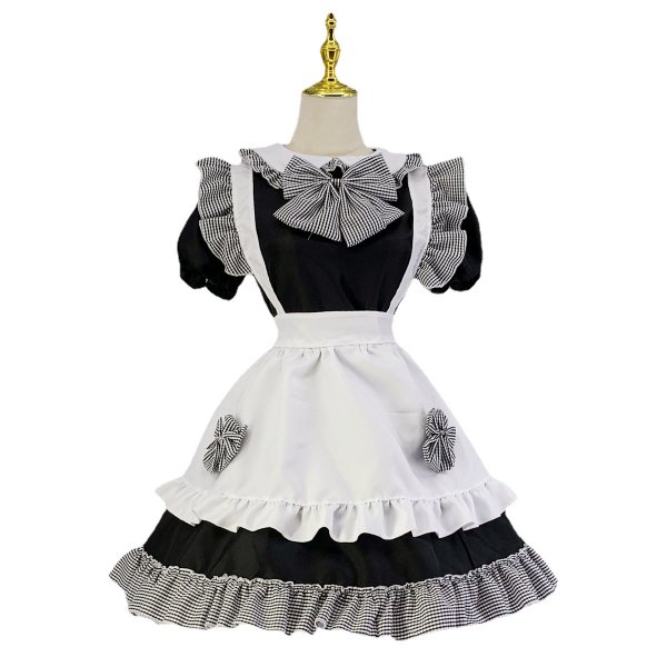 New 4 Pieces Japanese Animal Cosplay Costume Women Black and White Plaid Bow Kawaii Maid Lolita Dress Uniform for Girl