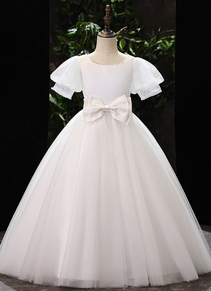 Flower Girl Big Bow Tulle Satin White Wedding Engagement Dresses