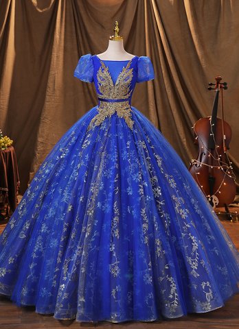 로얄 블루 자수 댄스 파티 드레스 2022 볼 가운 아플리케 레이스 반팔 등이없는 긴 정장 Quinceanera 드레스