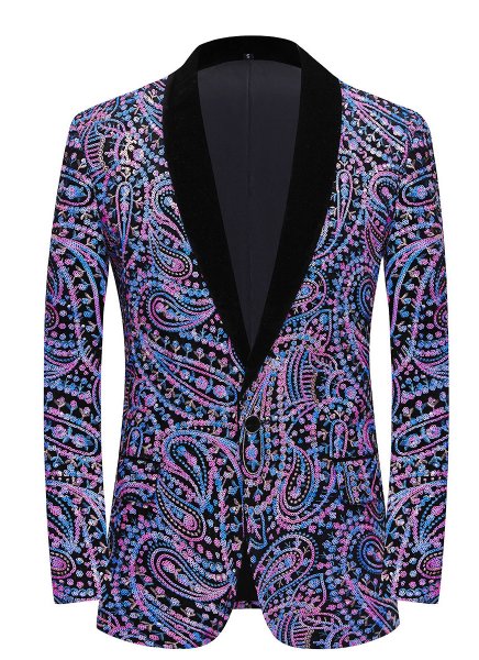 Men Purple Cashew Flower Shiny Sequin Floral Embroidery Suit Jacket Weddings Prom Banquets Formal Blazer