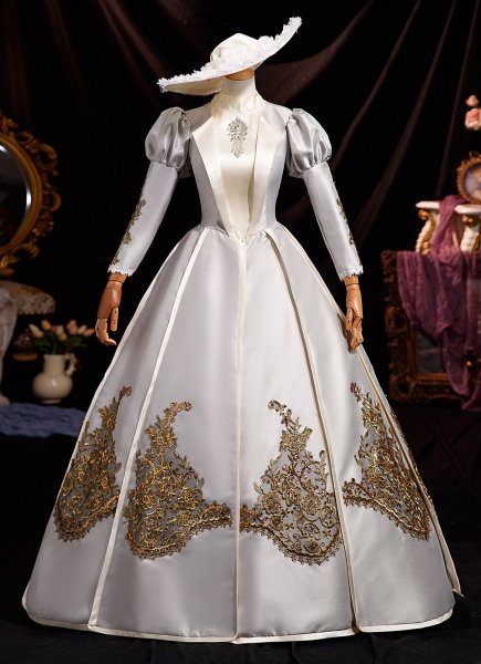 Elegant Retro Gray Prom Ball Gown Medieval Dress Appliques Beading Stand Neck Long Sleeve Formal Dress