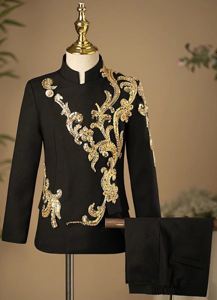 Boys Formal Blazer Children Sequin Stand Collar Suits Set for Satge