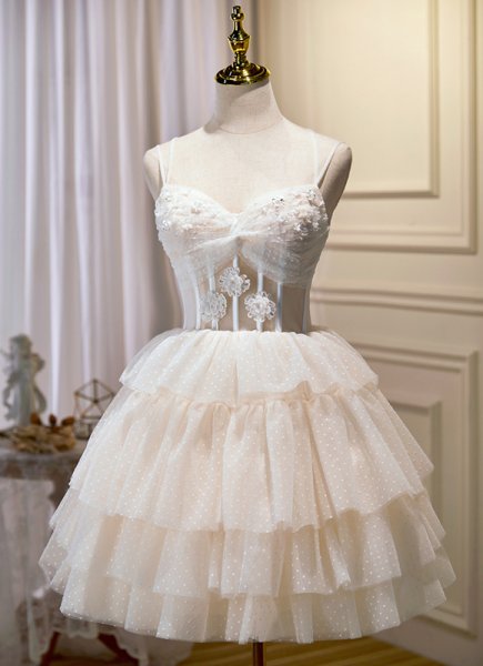 Sweetheart Bow Tie Straps Tiered Tulle Polka Dots Prom Dress with Appliques