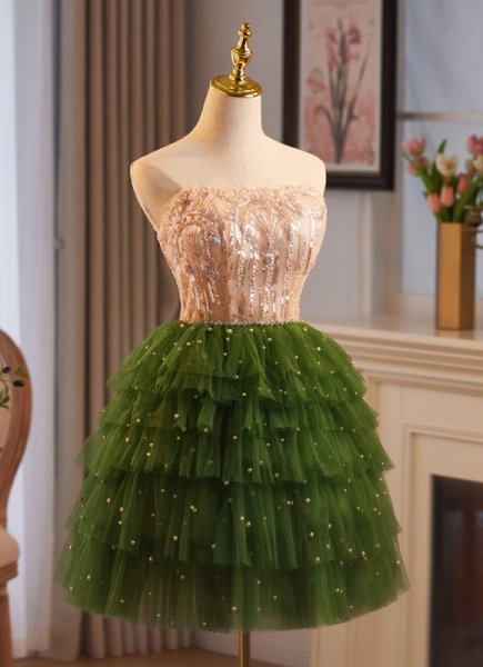 Green Off Shoulder Sequin Tulle Cake Short Club Dress