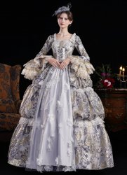 Women Gray Jacquard Multi Layered Long Lace Sleeves Floor Length Festive Formal Ball Gown Masquerade Party Dress