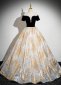 A Line Off the Shoulder Deep V neck Prom Dress with Organza