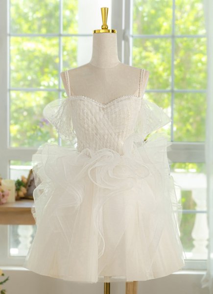 White A Line Spaghetti Straps Ruffle Mini Bachelorette Party Dress