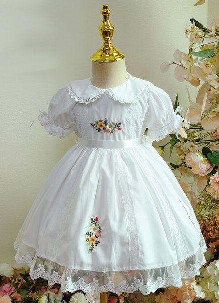 Kids Baby Shower Girls White Princess Embroidery Cotton Dresses