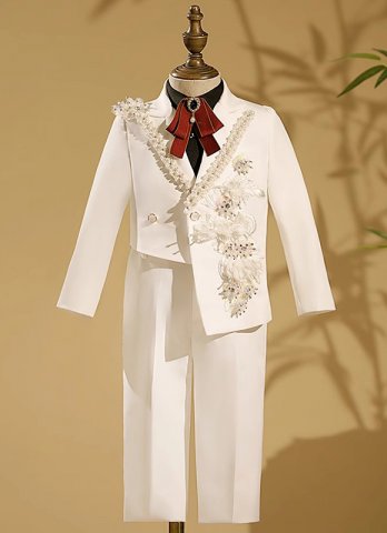 Upscale Boys Handmade Tailcoat 4pcs Slim Fit White Fashion Tuxedo Set for Weddings