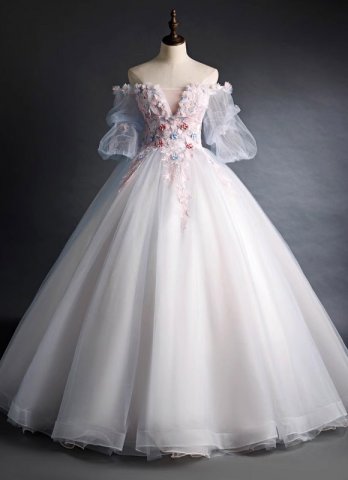 Princess White Embroidery Applique Short Sleeves Long Graduation Dress