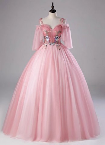 Princess Pink Spaghetti Straps Embroidery Tulle Party Dress