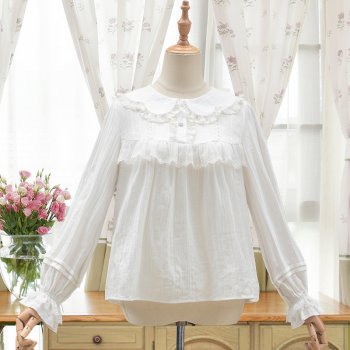 Summer White Full Sleeve Peter pan Collar Chiffon Lace Sweet Lolita Blouse Women Loose Top Shirt