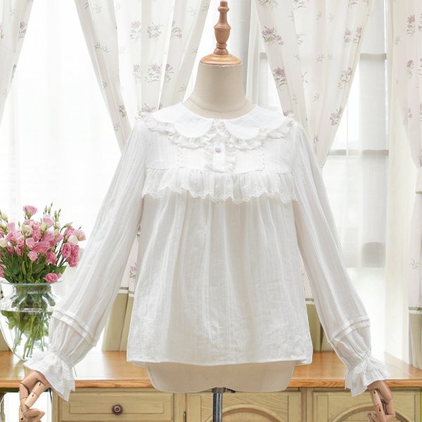 Summer White Full Sleeve Peter pan Collar Chiffon Lace Sweet Lolita Blouse Women Loose Top Shirt