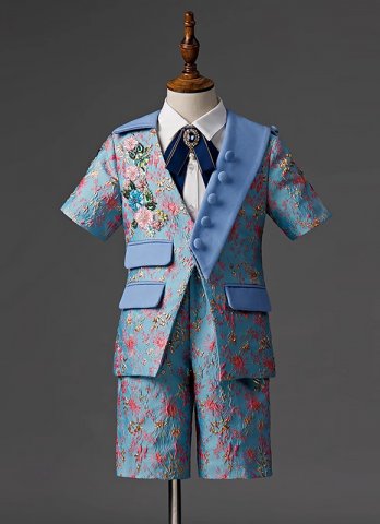 Upscale Boys Suit Formal Tuexdo Blue Jacquard Slim Fit 4 Pieces Suit Set for Show Stage