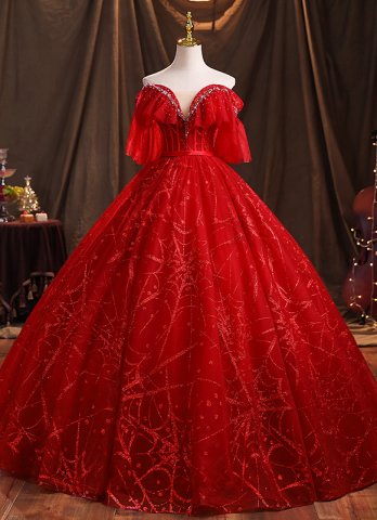 어깨 무도회 드레스 오프 빈티지 레드 웨딩 스팽글 2022 볼 가운 Quinceanera 드레스