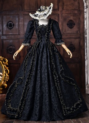 Vintage Black Floral Cotton Gothic Victorian Ball Gown Half Puff Sleeves Floor Length Formal Party Dress