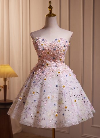 Appliques Sequin Sexy Strapless Tulle Mini Prom Dress With Colourful