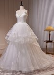White Train Tulle Hi Lo Spaghetti Straps Prom Dress Backless Wedding Dresses