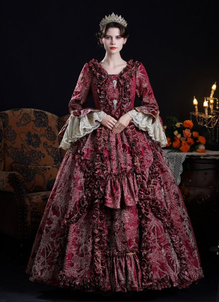 Customized Vintage Wine Red Jacquard Floral Rococo Dress Long Lace Sleeves Square Collar Baroque Floor Length Formal Gown Theater Costume