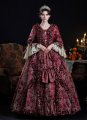 Customized Vintage Wine Red Jacquard Floral Rococo Dress Long Lace Sleeves Square Collar Baroque Floor Length Formal Gown Theater Costume