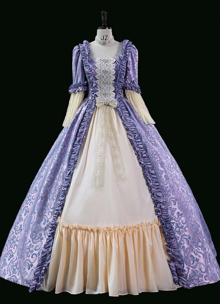 Purple Floral Jacquard Renaissance Fair Colonial Lady Princess Marie Antoinette Gown Dress Theater Costume