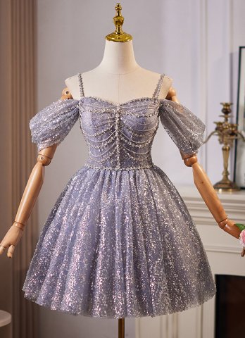 Sparkly Purple Spaghetti Straps Sexy Beading Mini Cocktail Dress